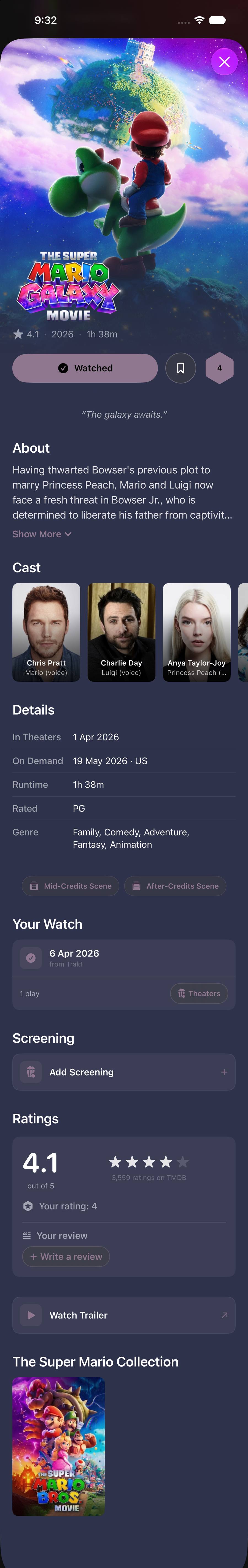 A film's page in full: poster and title, rating and Watched button, the tagline, the synopsis, the cast, release and runtime details, the watch you logged, screenings, ratings and the collection it belongs to.