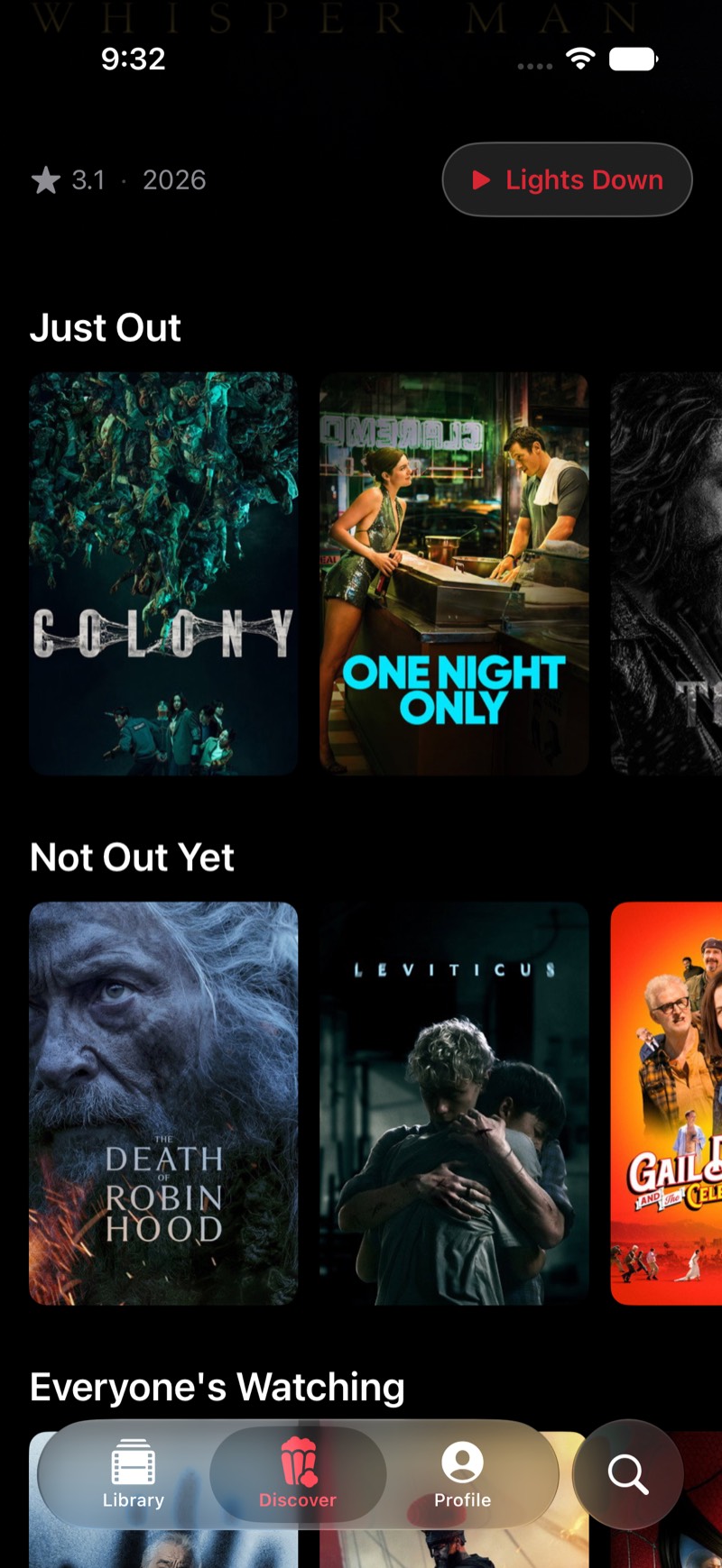The Discover screen, with rows of what is just out and not out yet.