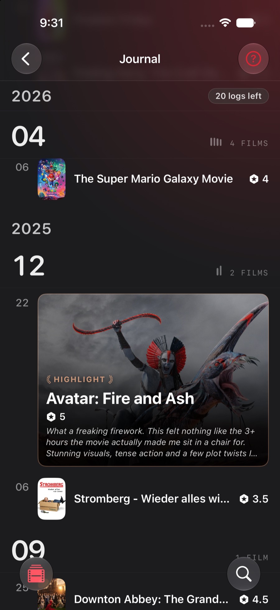The Ciniel journal, showing a month of films with a five-star entry promoted into a full-width highlight band.