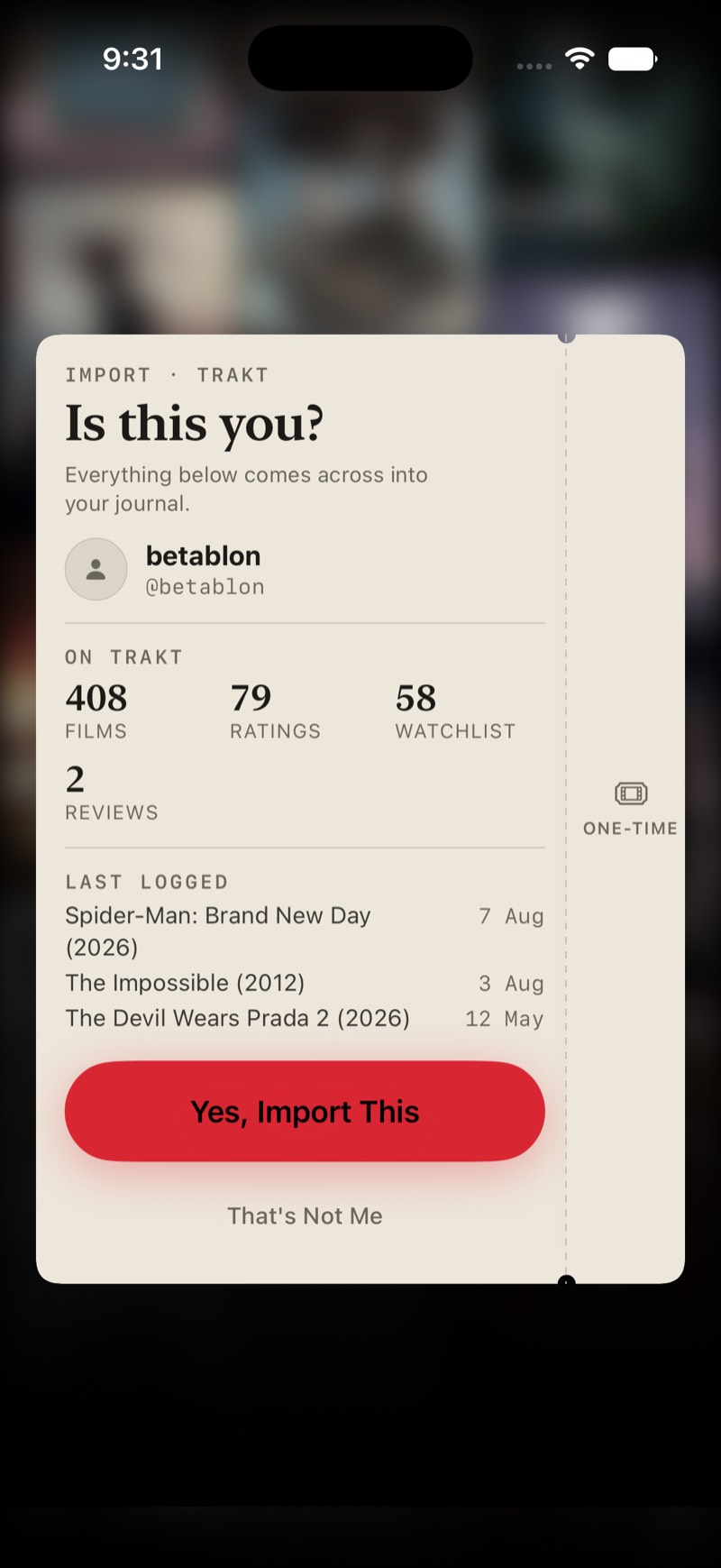 The import confirmation: a cream ticket listing the profile found, its film, rating, watchlist and review counts, and the last three films logged.