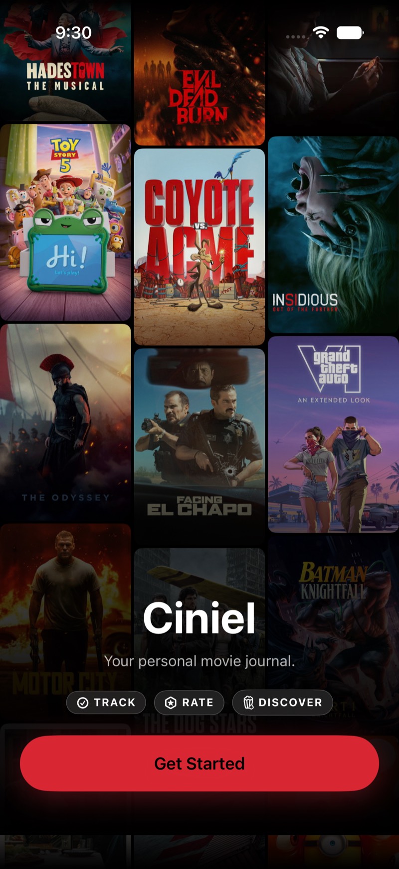 Ciniel's opening screen over a drifting wall of film posters.
